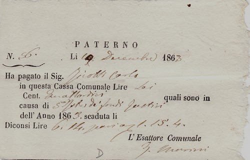 Paterno 1863 ricevuta di - #paterno':, 1863-